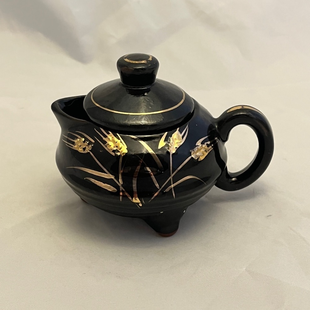 Small Redware Creamer 3-Foot Lidded, Black with Gold Detail Wheat, Vintage EUC